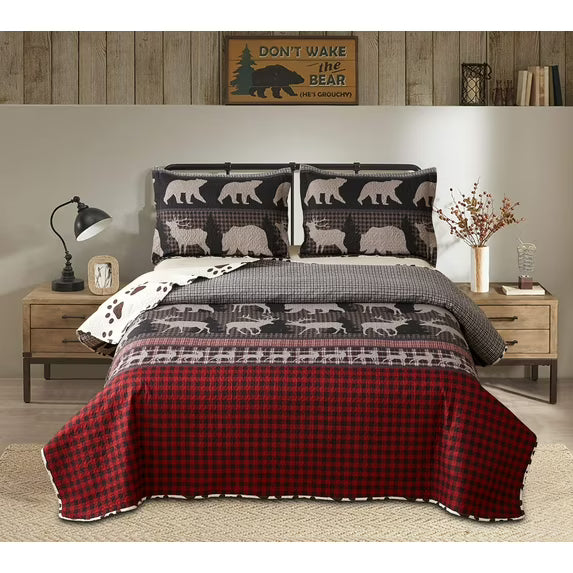 Beartech Quilt Set Queen Size Rustic Bedding Lodge Cabin Bear Quilt Buffalo Plaid Stripe Bedding Reversible Bedspread Coverlet Lightweight Microfiber Quilt Bedspread