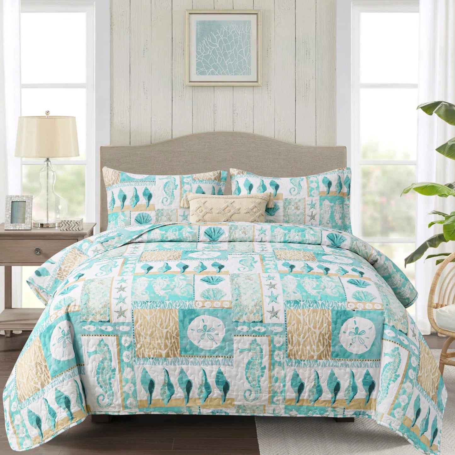 Kebury Ocean Beach Theme Quilts Bedding Set Lightweight Patchwork Coastal Bedding Letter Printed Coverlets Conch Seashell Starfish Seaweed Bedspreads (1 Quilt, 2 Pillow Shams)