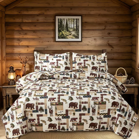 Beartech Quilt Set Queen Size Rustic Bedding Lodge Cabin Bear Quilt Buffalo Plaid Stripe Bedding Reversible Bedspread Coverlet Lightweight Microfiber Quilt Bedspread