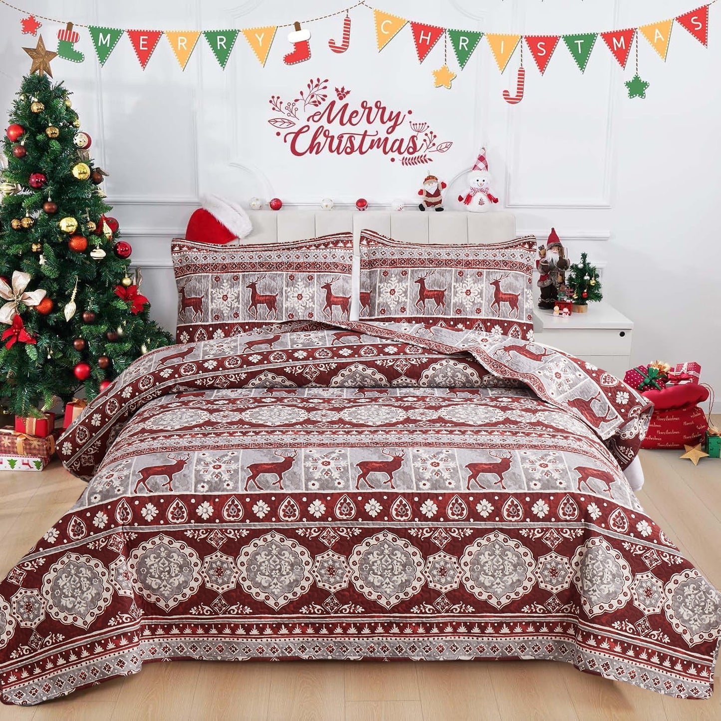 Beartech 3 piece Christmas Bedspread Quilt Set