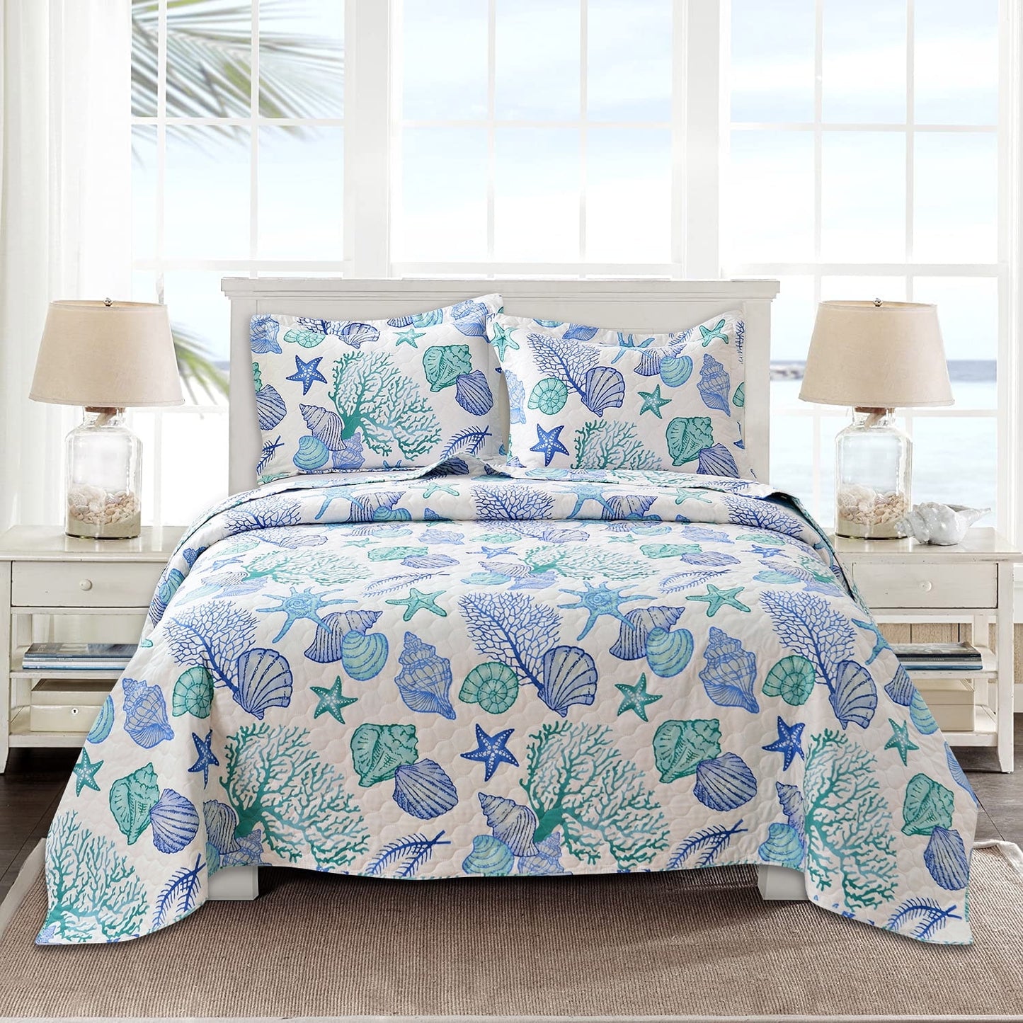 Beartech Ocean Quilt Set Twin Size White Dark Purple Conch Quilt Lightweight Reversible Microfiber Bedspread Coverlet Cabin Bedding Set
