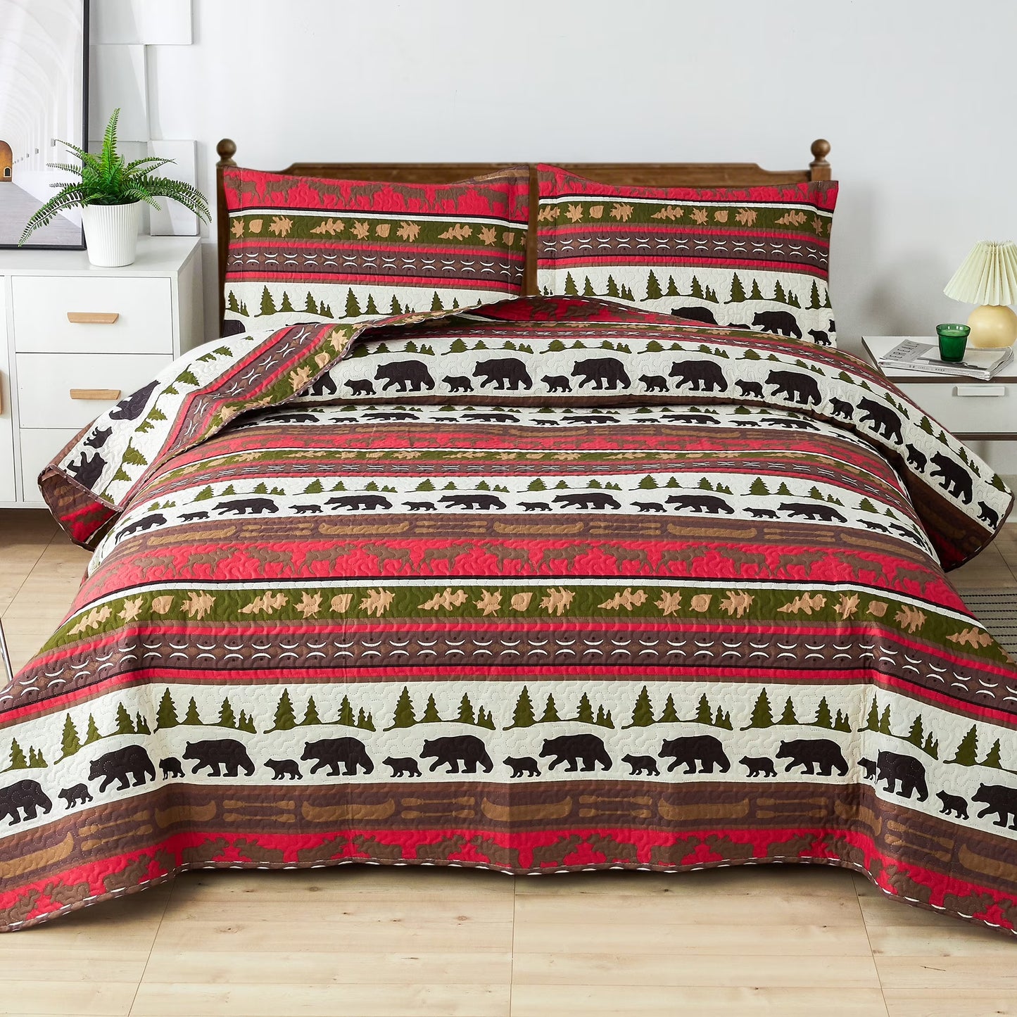 Beartech Quilt Set Queen Size Rustic Bedding Lodge Cabin Bear Quilt Buffalo Plaid Stripe Bedding Reversible Bedspread Coverlet Lightweight Microfiber Quilt Bedspread