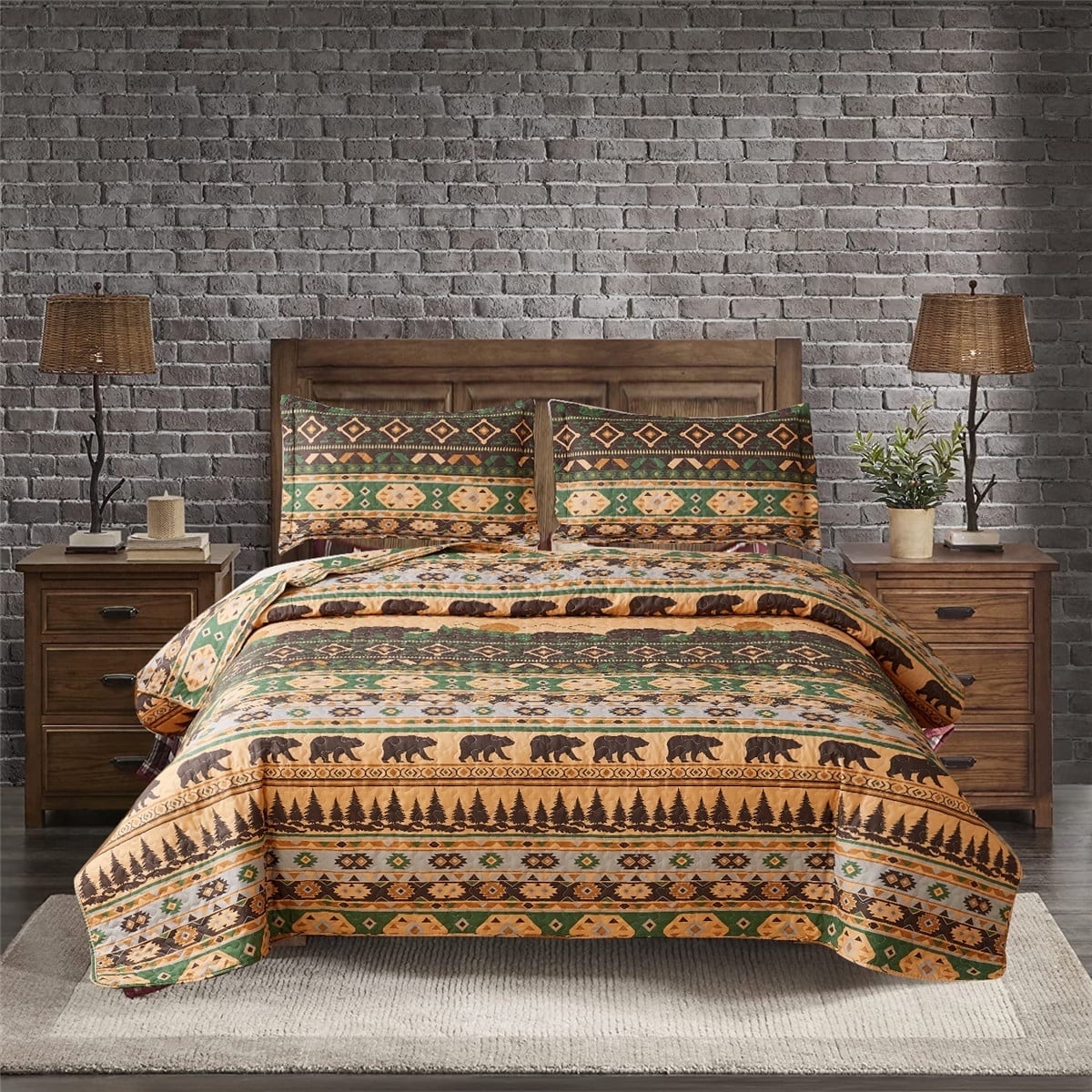 Beartech Quilt Set Queen Size Rustic Bedding Lodge Cabin Bear Quilt Buffalo Plaid Stripe Bedding Reversible Bedspread Coverlet Lightweight Microfiber Quilt Bedspread