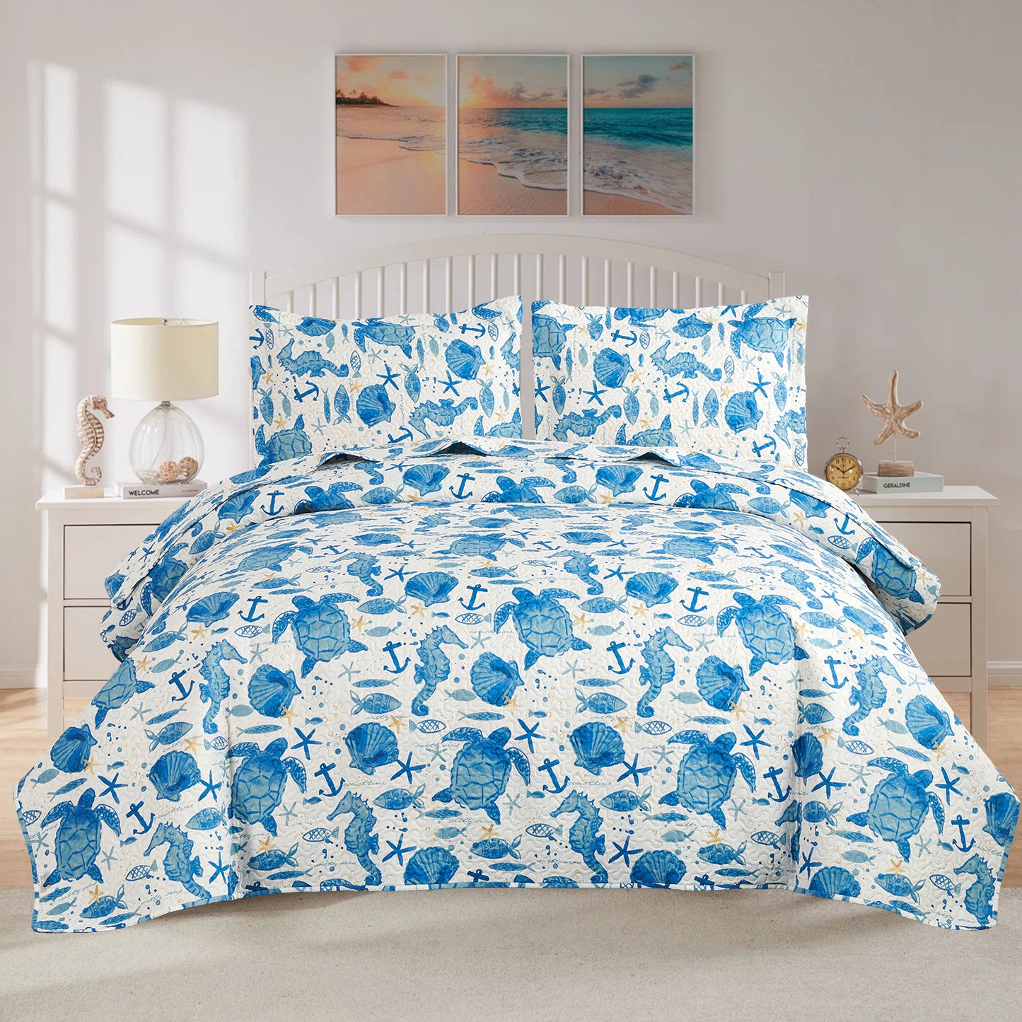 Kebury Ocean Beach Theme Quilts Bedding Set Lightweight Patchwork Coastal Bedding Letter Printed Coverlets Conch Seashell Starfish Seaweed Bedspreads (1 Quilt, 2 Pillow Shams)