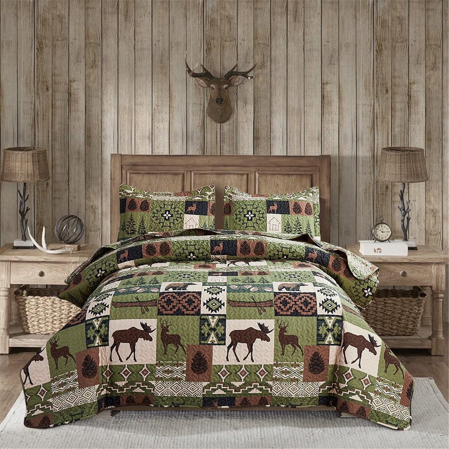 Beartech Quilt Set Queen Size Rustic Bedding Lodge Cabin Bear Quilt Buffalo Plaid Stripe Bedding Reversible Bedspread Coverlet Lightweight Microfiber Quilt Bedspread