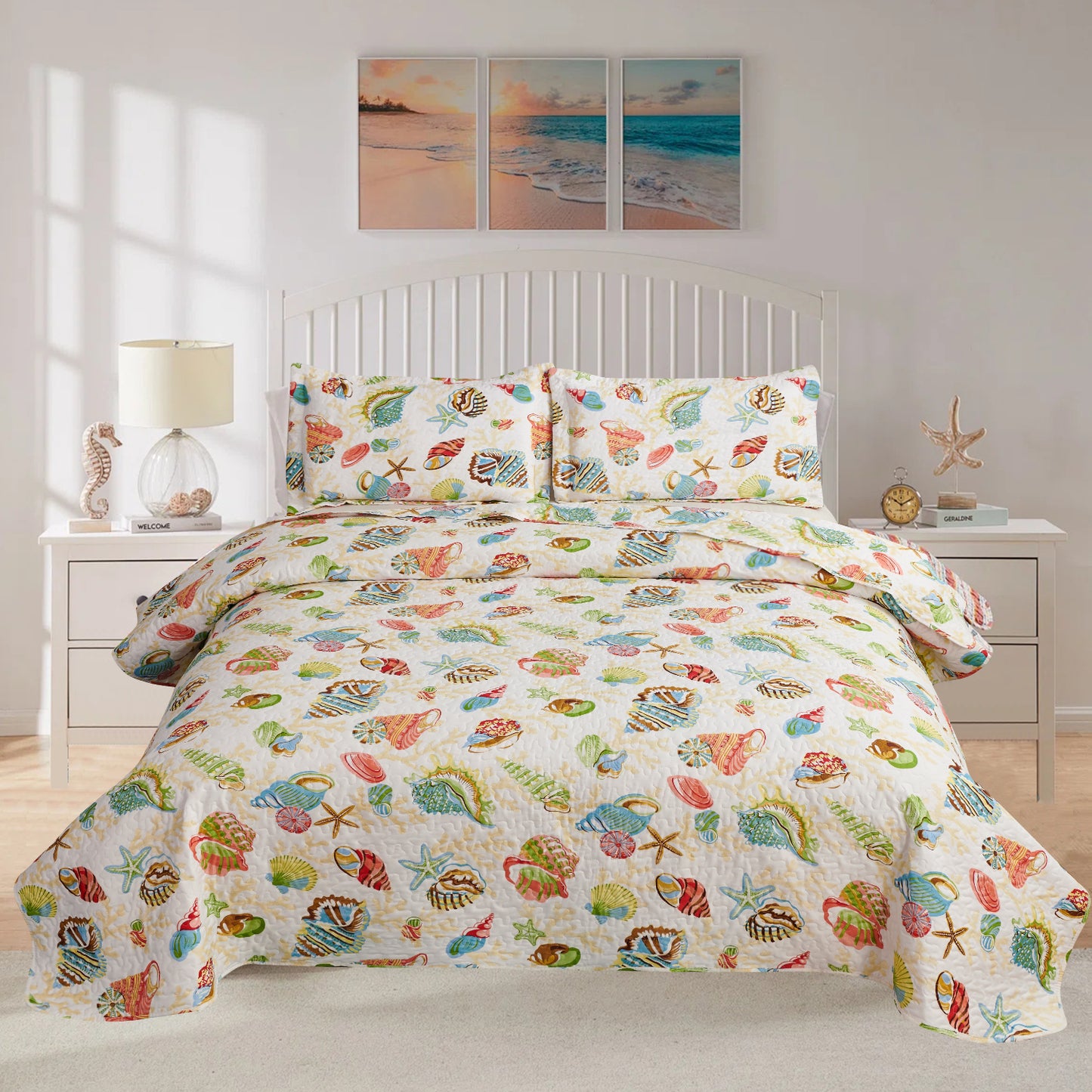 Kebury Ocean Beach Theme Quilts Bedding Set Lightweight Patchwork Coastal Bedding Letter Printed Coverlets Conch Seashell Starfish Seaweed Bedspreads (1 Quilt, 2 Pillow Shams)