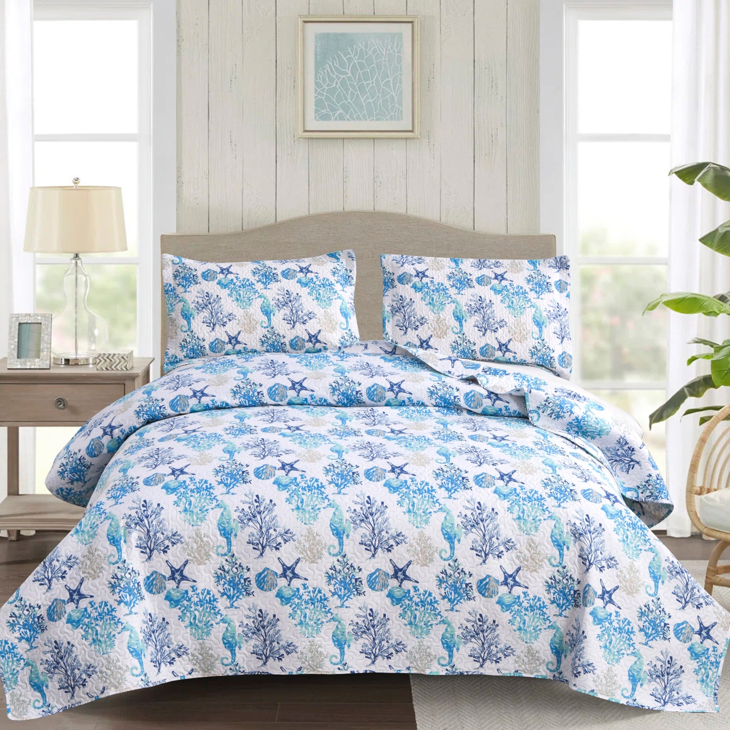 Kebury Ocean Beach Theme Quilts Bedding Set Lightweight Patchwork Coastal Bedding Letter Printed Coverlets Conch Seashell Starfish Seaweed Bedspreads (1 Quilt, 2 Pillow Shams)