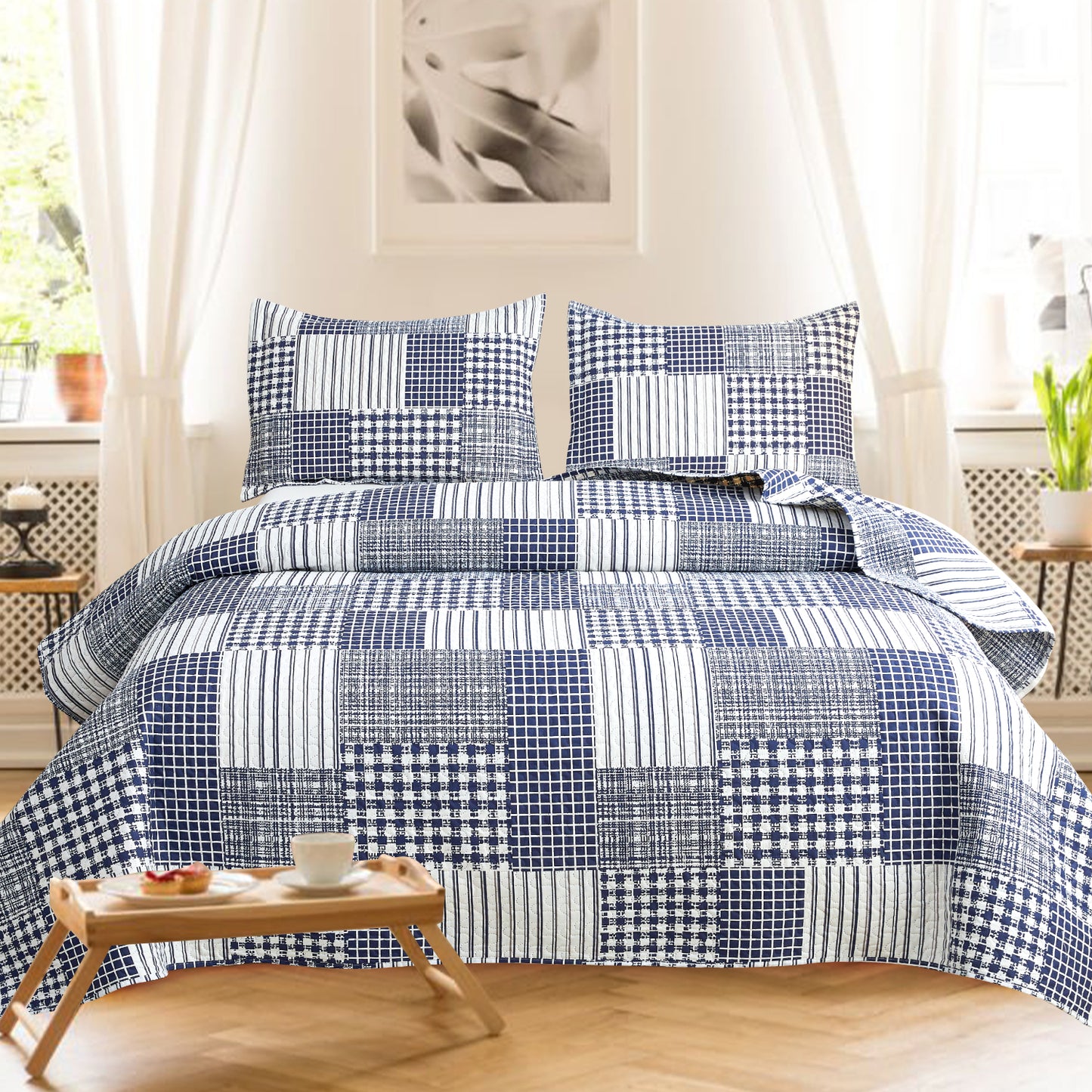 Kebury Plaid Theme Quilts Bedding Set Lightweight Patchwork Plaid Bedding Letter Printed Coverlets Plaid Pattern Bedspreads (1 Quilt, 2 Pillow Shams)