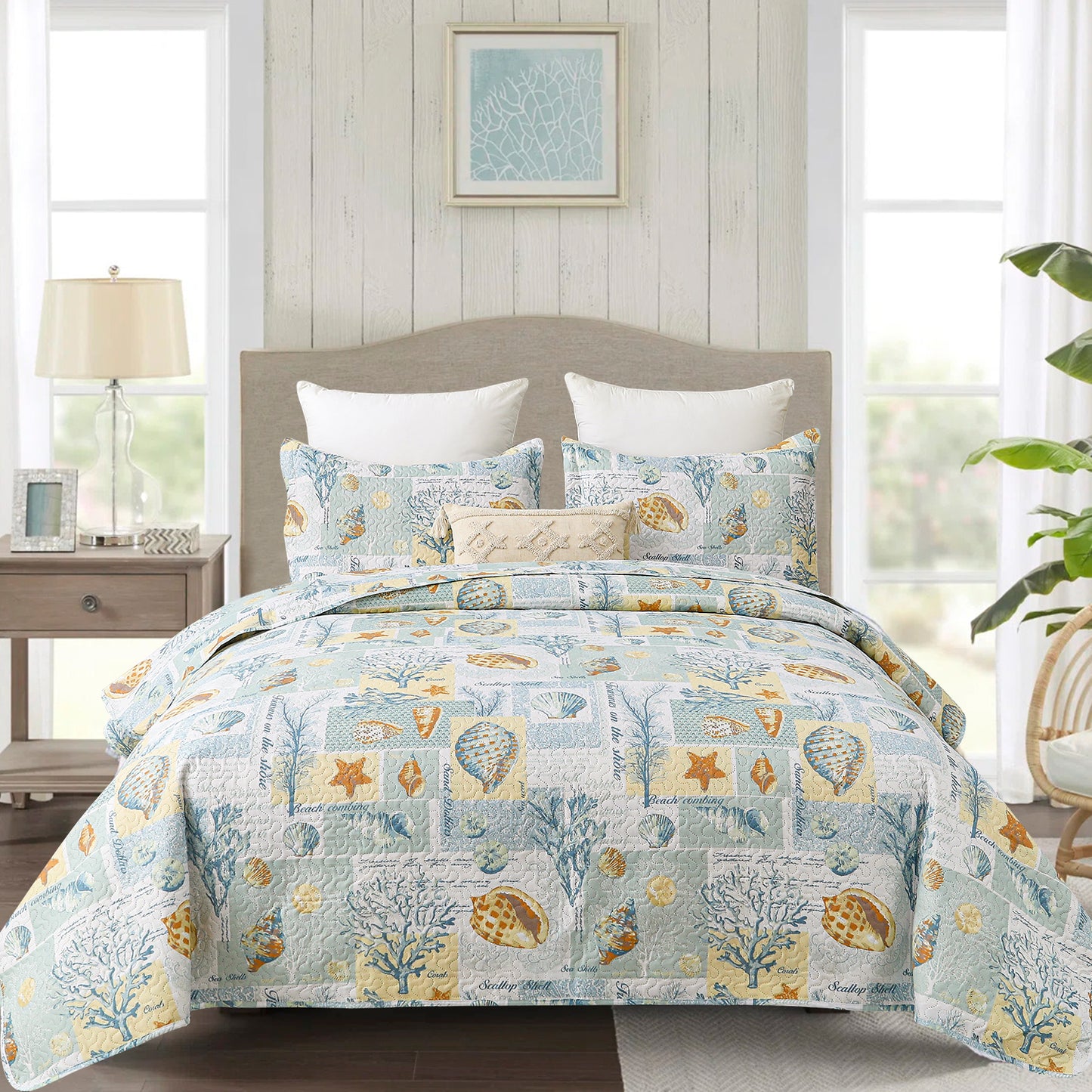 Kebury Ocean Beach Theme Quilts Bedding Set Lightweight Patchwork Coastal Bedding Letter Printed Coverlets Conch Seashell Starfish Seaweed Bedspreads (1 Quilt, 2 Pillow Shams)