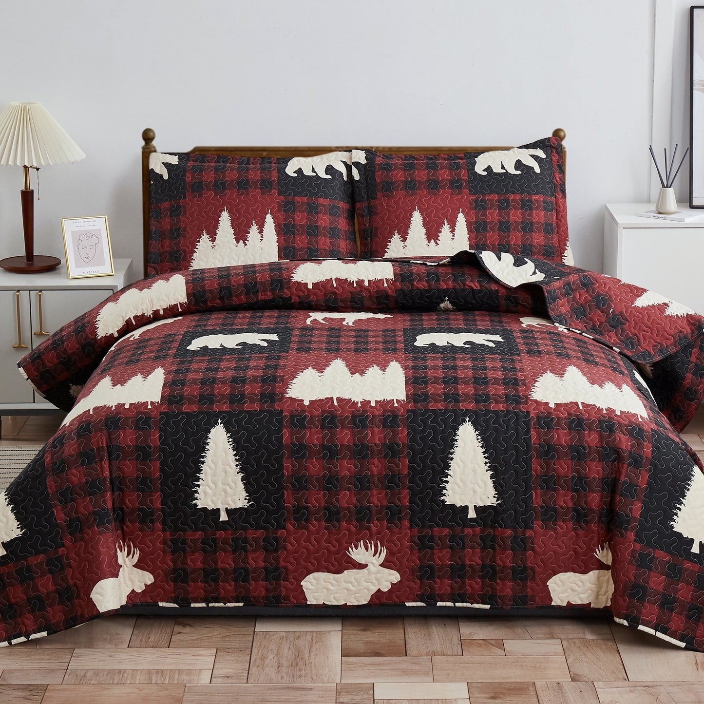 Beartech Quilt Set Queen Size Rustic Bedding Lodge Cabin Bear Quilt Buffalo Plaid Stripe Bedding Reversible Bedspread Coverlet Lightweight Microfiber Quilt Bedspread