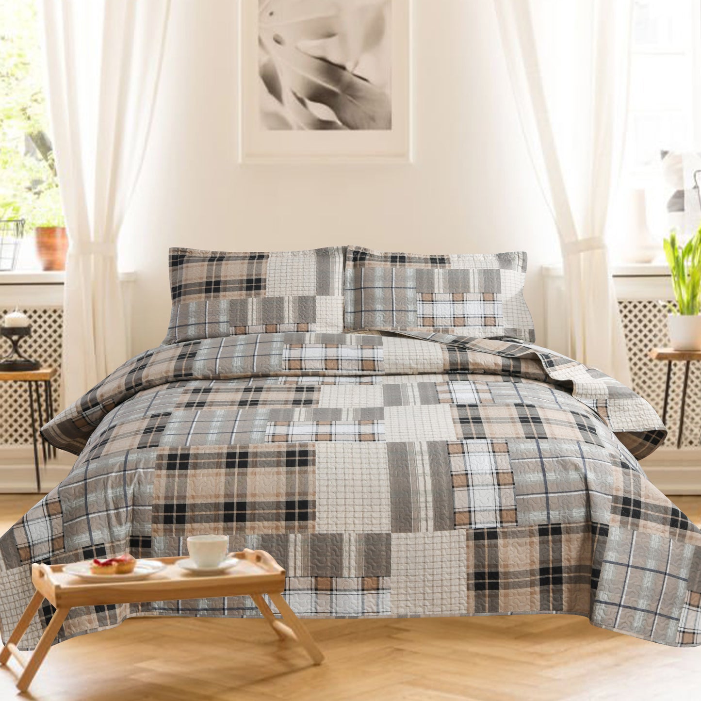 Kebury Plaid Theme Quilts Bedding Set Lightweight Patchwork Plaid Bedding Letter Printed Coverlets Plaid Pattern Bedspreads (1 Quilt, 2 Pillow Shams)