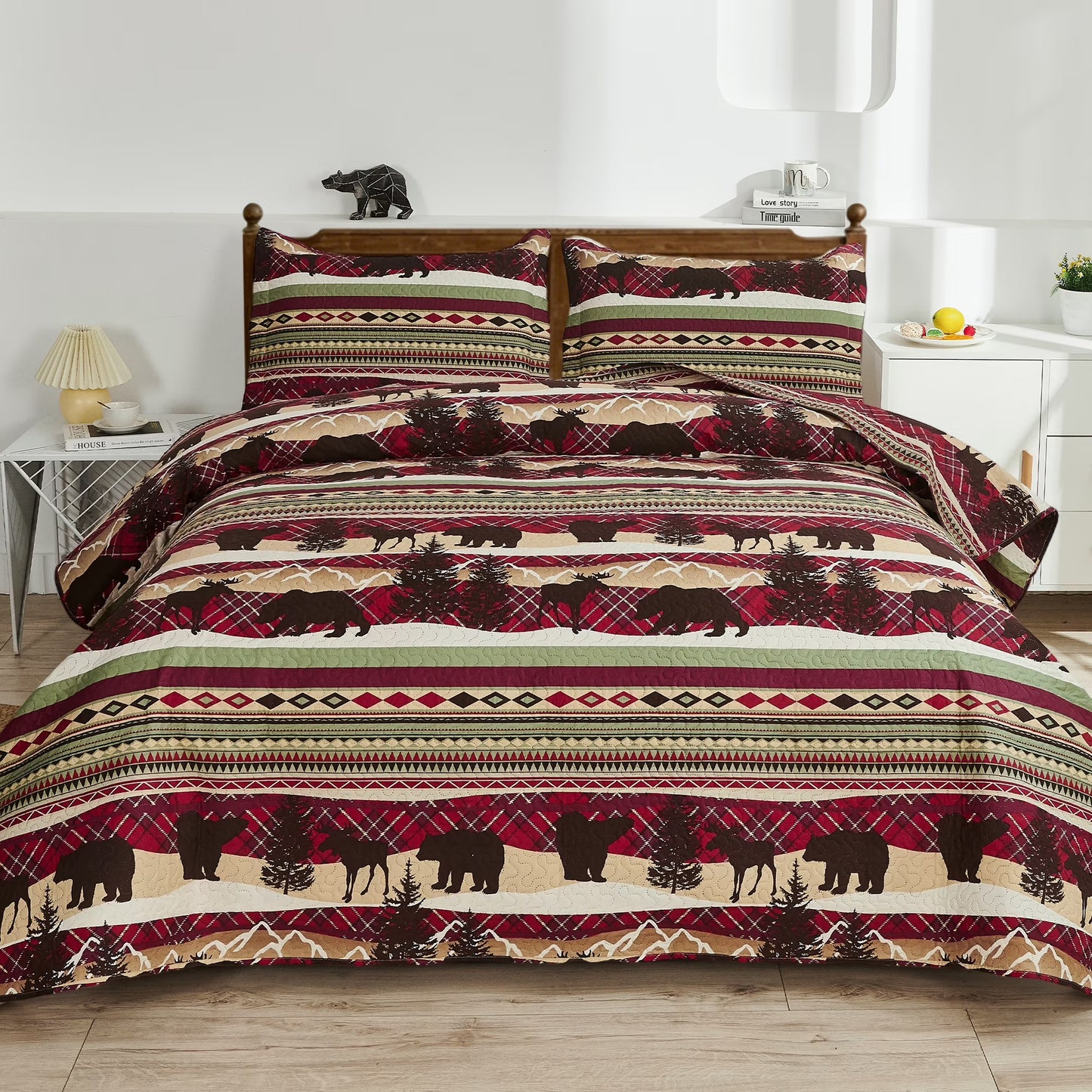 Beartech Quilt Set Queen Size Rustic Bedding Lodge Cabin Bear Quilt Buffalo Plaid Stripe Bedding Reversible Bedspread Coverlet Lightweight Microfiber Quilt Bedspread