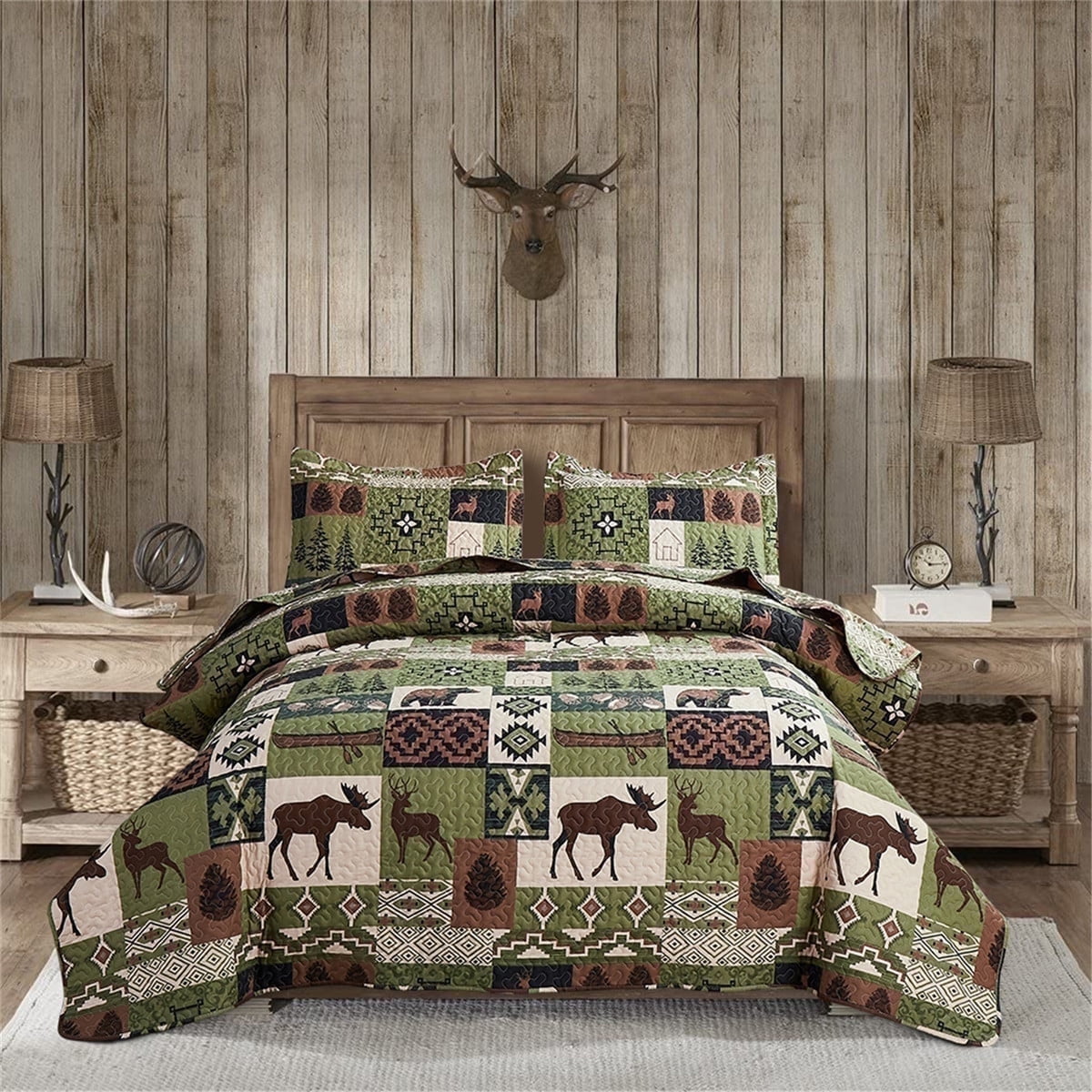 Beartech Quilt Set Queen Size Rustic Bedding Lodge Cabin Bear Quilt Buffalo Plaid Stripe Bedding Reversible Bedspread Coverlet Lightweight Microfiber Quilt Bedspread