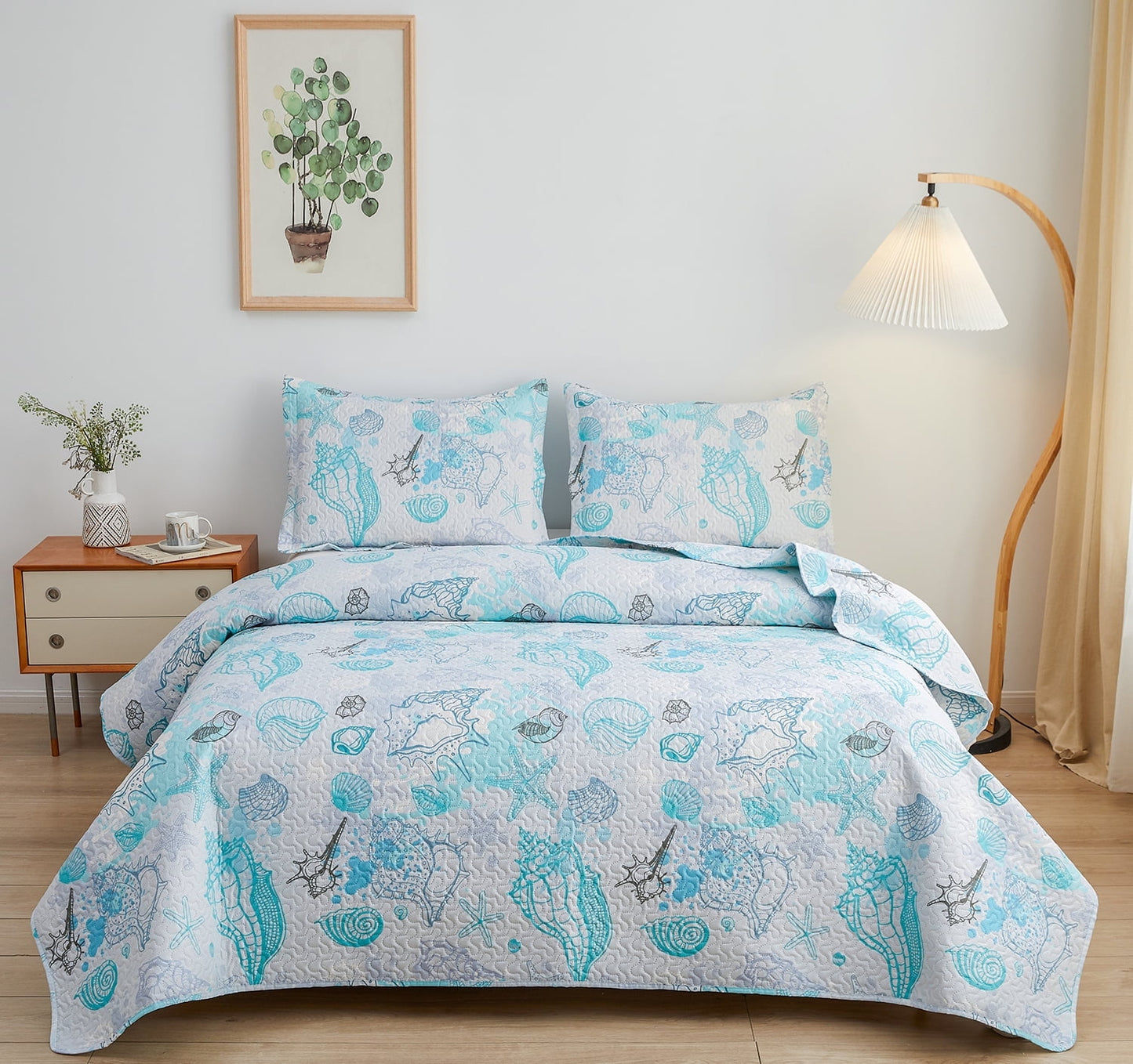 Beartech Ocean Quilt Set Twin Size White Dark Purple Conch Quilt Lightweight Reversible Microfiber Bedspread Coverlet Cabin Bedding Set