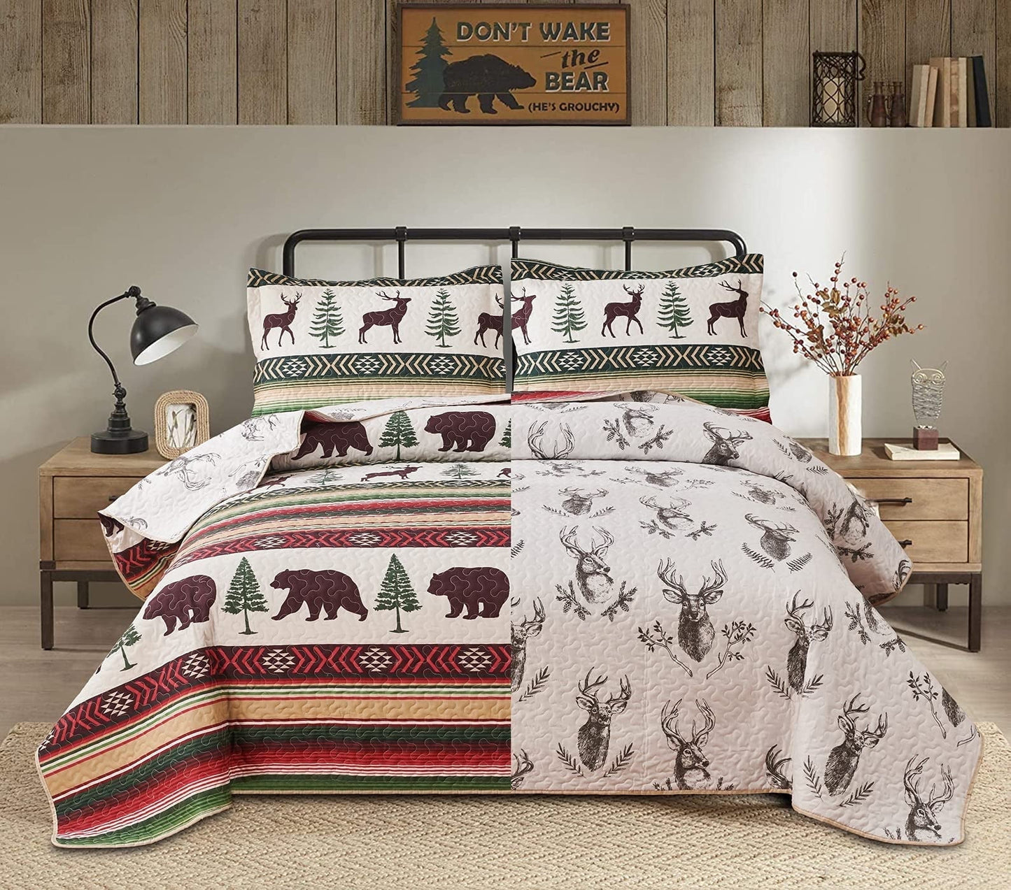 Beartech Quilt Set Queen Size Rustic Bedding Lodge Cabin Bear Quilt Buffalo Plaid Stripe Bedding Reversible Bedspread Coverlet Lightweight Microfiber Quilt Bedspread