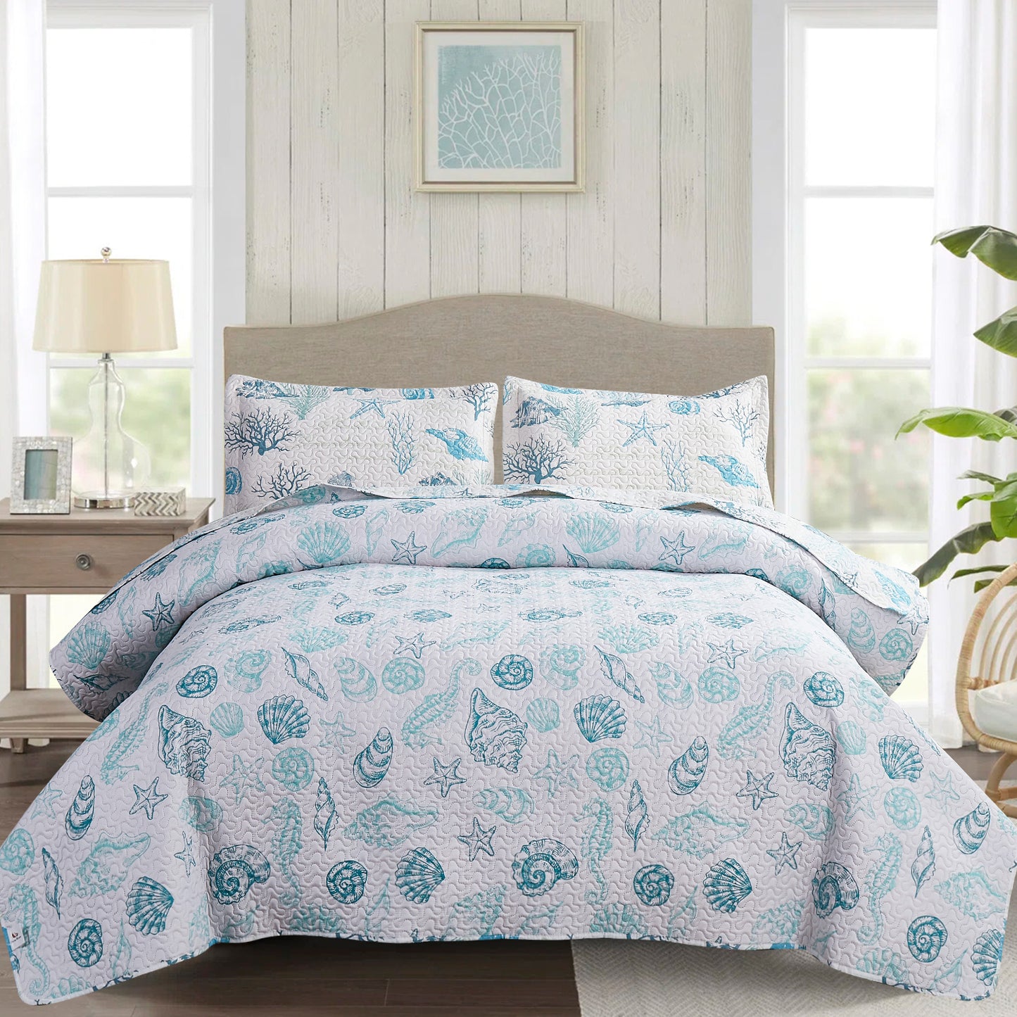 Kebury Ocean Beach Theme Quilts Bedding Set Lightweight Patchwork Coastal Bedding Letter Printed Coverlets Conch Seashell Starfish Seaweed Bedspreads (1 Quilt, 2 Pillow Shams)