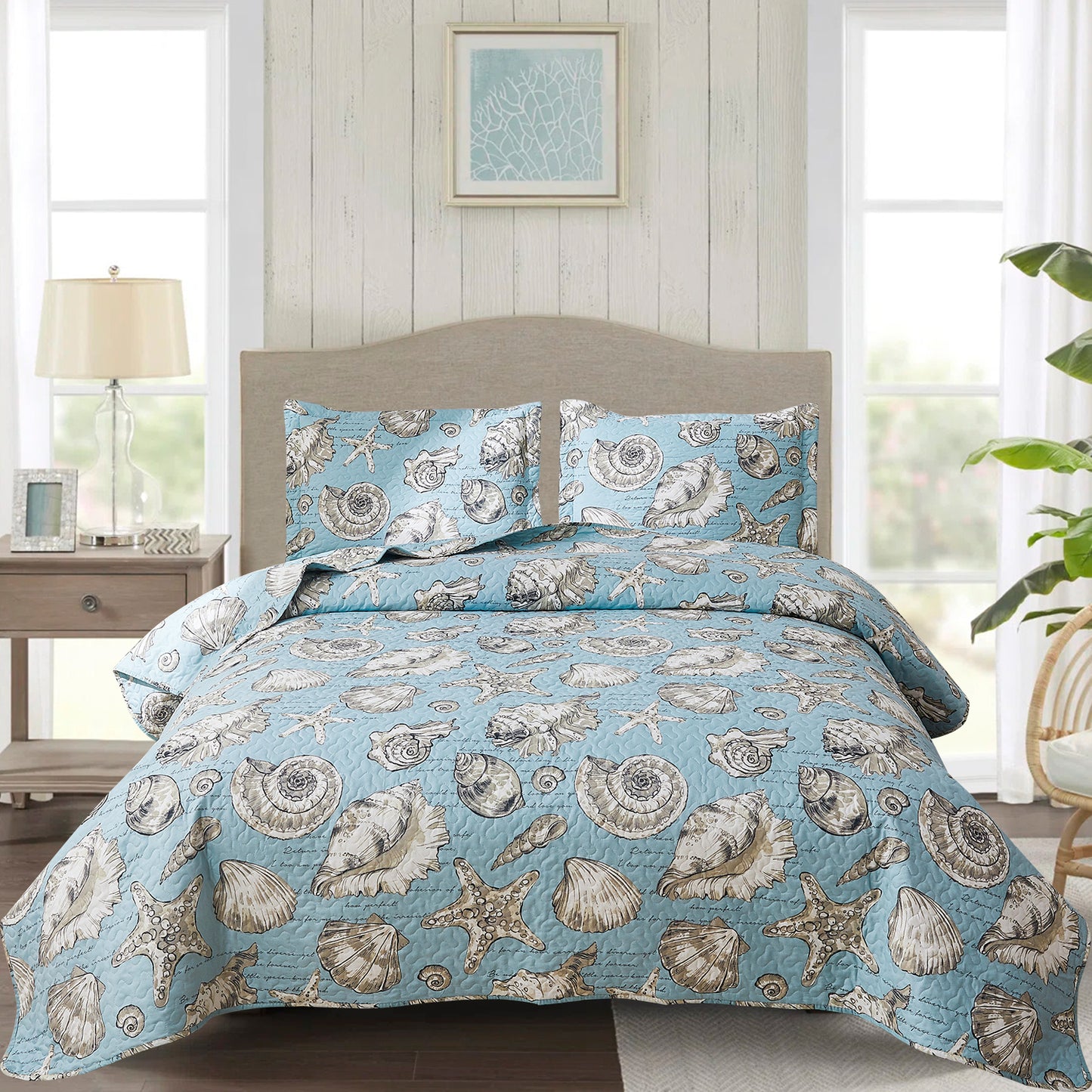 Kebury Ocean Beach Theme Quilts Bedding Set Lightweight Patchwork Coastal Bedding Letter Printed Coverlets Conch Seashell Starfish Seaweed Bedspreads (1 Quilt, 2 Pillow Shams)