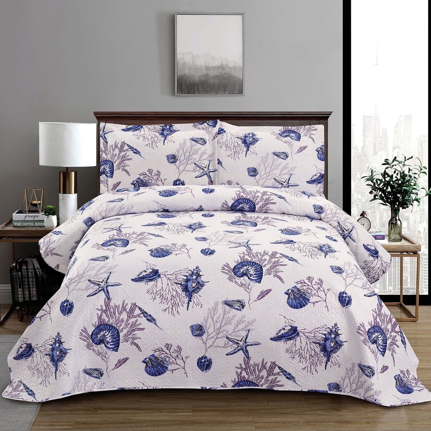 Beartech Ocean Quilt Set Twin Size White Dark Purple Conch Quilt Lightweight Reversible Microfiber Bedspread Coverlet Cabin Bedding Set