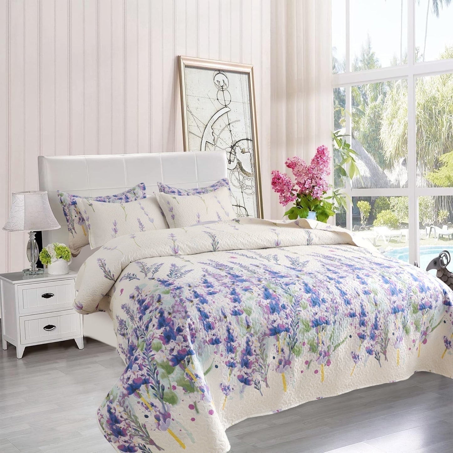 Beartech Quilt Set Twin Size Floral Purple Quilt Lightweight Reversible Microfiber Bedspread Coverlet Bedding Set