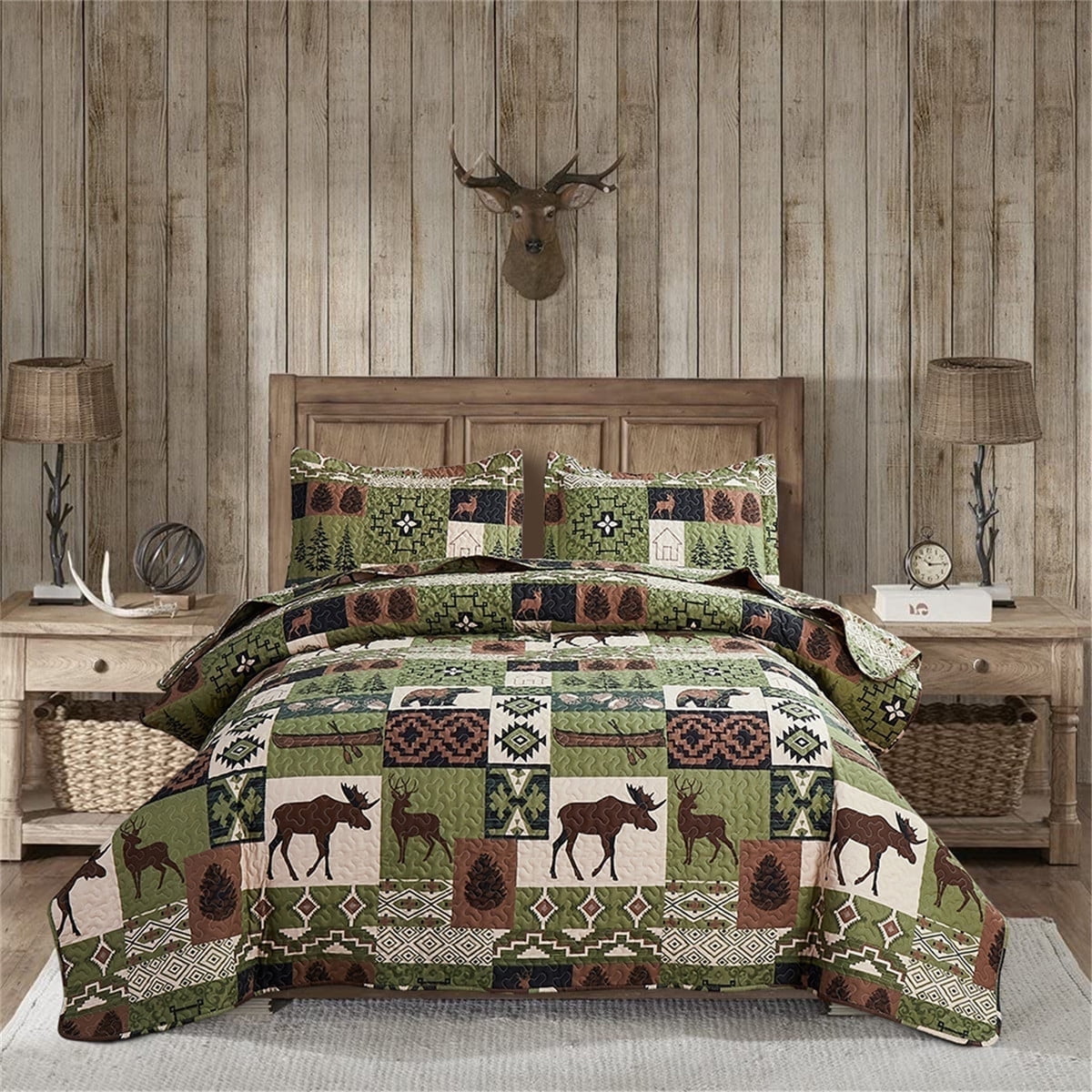Beartech Quilt Set Queen Size Rustic Bedding Lodge Cabin Bear Quilt Buffalo Plaid Stripe Bedding Reversible Bedspread Coverlet Lightweight Microfiber Quilt Bedspread