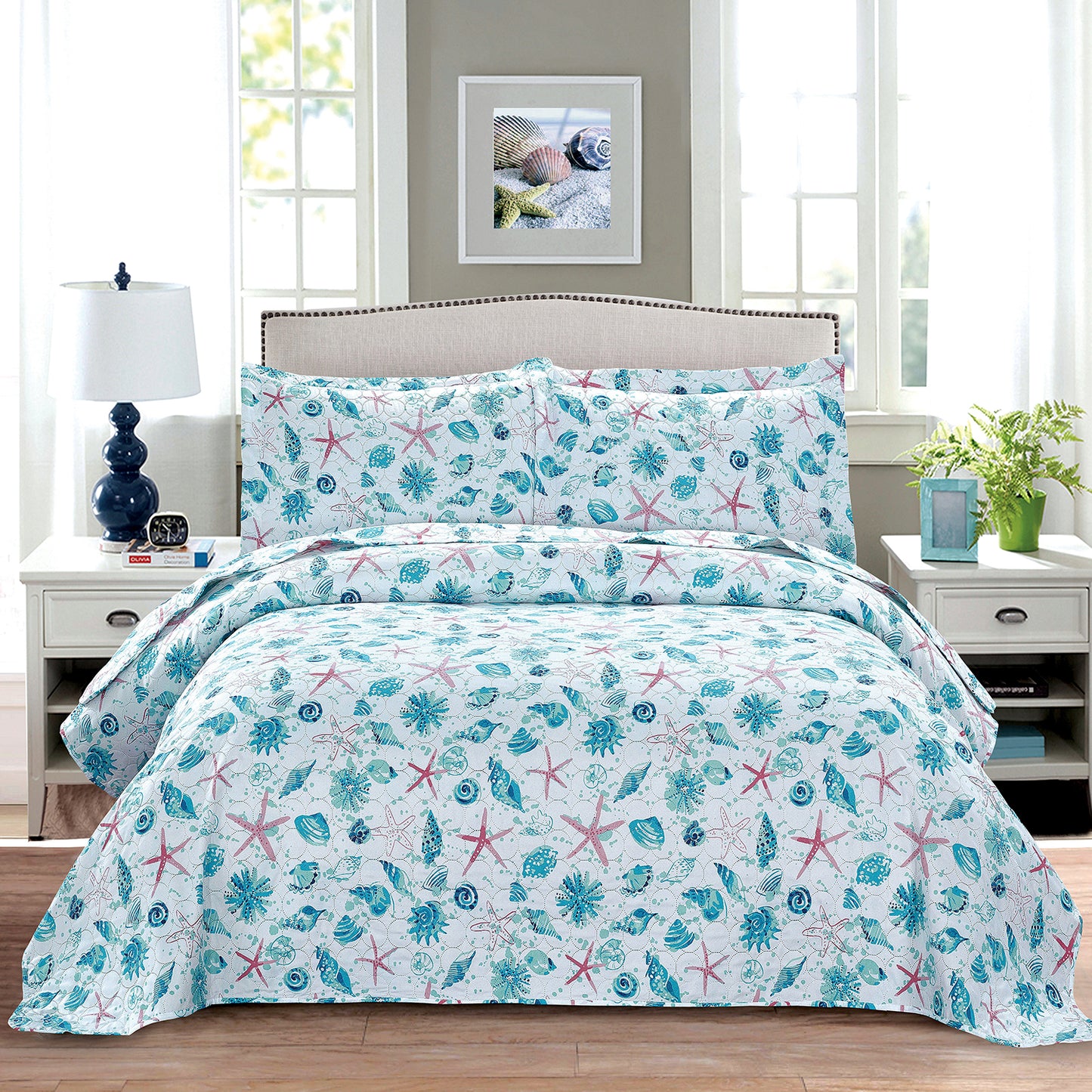 Kebury Ocean Beach Theme Quilts Bedding Set Lightweight Patchwork Coastal Bedding Letter Printed Coverlets Conch Seashell Starfish Seaweed Bedspreads (1 Quilt, 2 Pillow Shams)