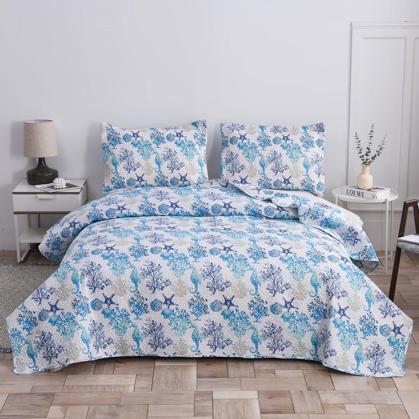 Beartech Ocean Quilt Set Twin Size White Dark Purple Conch Quilt Lightweight Reversible Microfiber Bedspread Coverlet Cabin Bedding Set