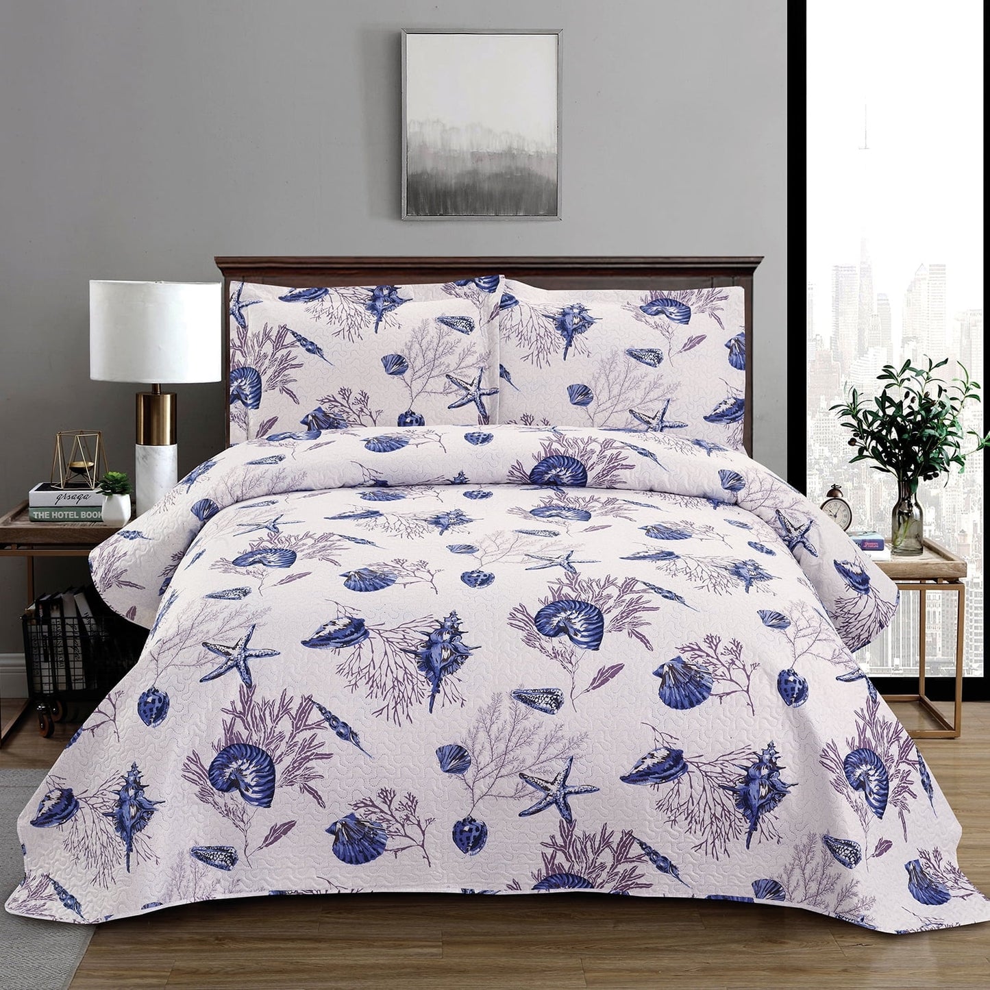 Beartech Ocean Quilt Set Twin Size White Dark Purple Conch Quilt Lightweight Reversible Microfiber Bedspread Coverlet Cabin Bedding Set