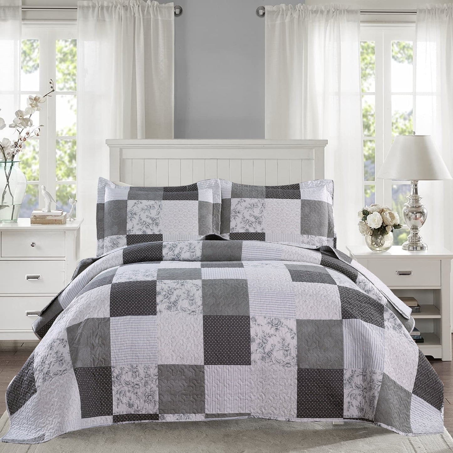 Beartech Bedspread Set Twin Size Quilt Set Plaid Bedding Checkered Patchwork Quilts Lightweight Reversible Coverlet Microfiber Quilt