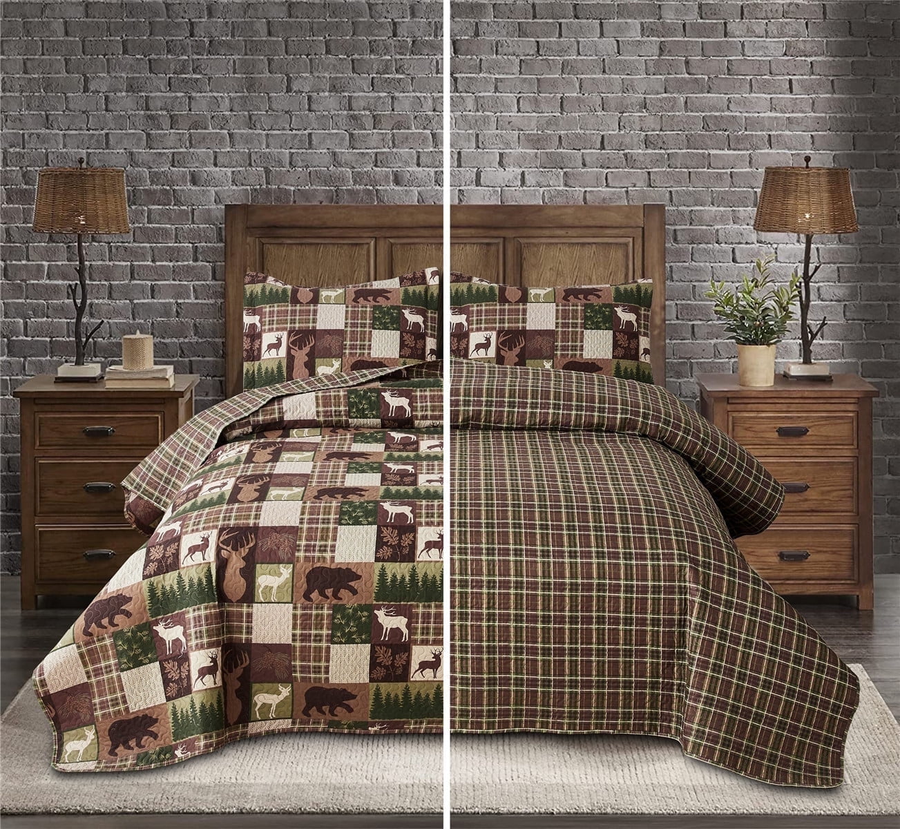 Beartech Quilt Set Queen Size Rustic Bedding Lodge Cabin Bear Quilt Buffalo Plaid Stripe Bedding Reversible Bedspread Coverlet Lightweight Microfiber Quilt Bedspread