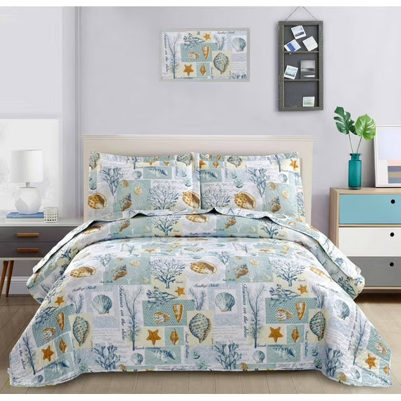 Beartech Ocean Quilt Set Twin Size White Dark Purple Conch Quilt Lightweight Reversible Microfiber Bedspread Coverlet Cabin Bedding Set