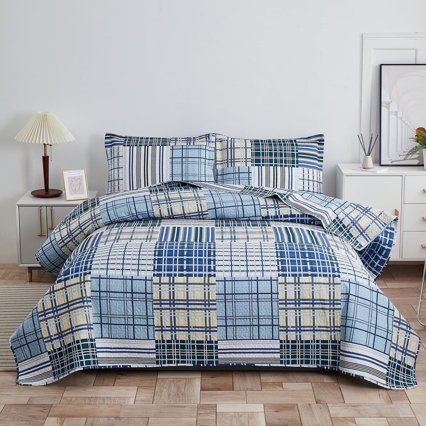 Beartech Bedspread Set Twin Size Quilt Set Plaid Bedding Checkered Patchwork Quilts Lightweight Reversible Coverlet Microfiber Quilt