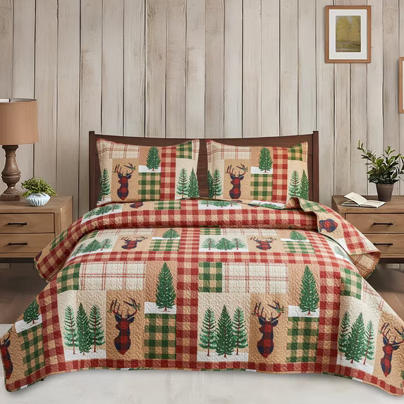 Beartech Quilt Set Queen Size Rustic Bedding Lodge Cabin Bear Quilt Buffalo Plaid Stripe Bedding Reversible Bedspread Coverlet Lightweight Microfiber Quilt Bedspread