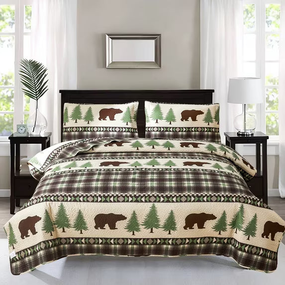 Beartech Quilt Set Queen Size Rustic Bedding Lodge Cabin Bear Quilt Buffalo Plaid Stripe Bedding Reversible Bedspread Coverlet Lightweight Microfiber Quilt Bedspread