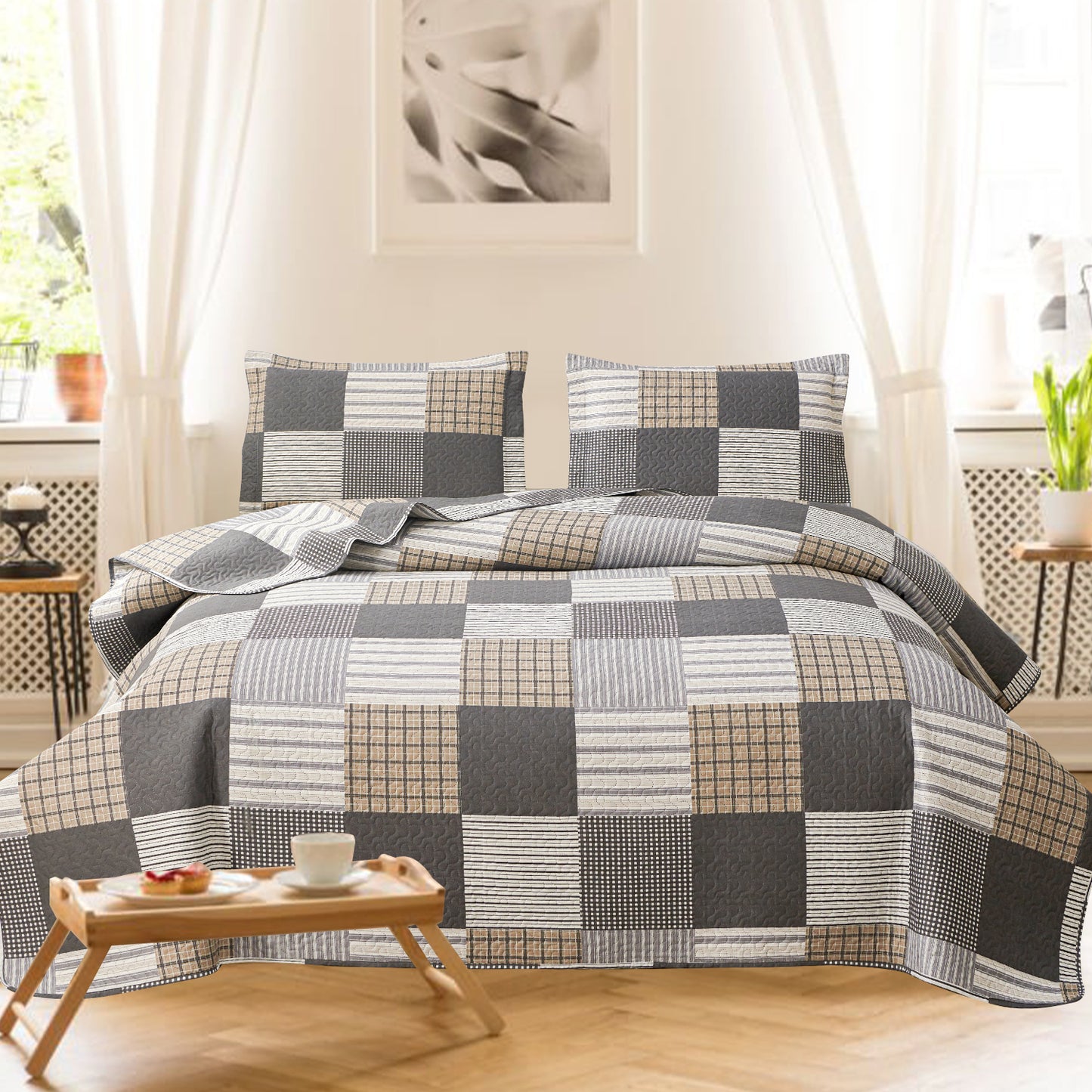 Kebury Plaid Theme Quilts Bedding Set Lightweight Patchwork Plaid Bedding Letter Printed Coverlets Plaid Pattern Bedspreads (1 Quilt, 2 Pillow Shams)