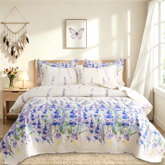 Beartech Quilt Set Twin Size Floral Purple Quilt Lightweight Reversible Microfiber Bedspread Coverlet Bedding Set