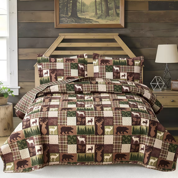 Beartech Quilt Set Queen Size Rustic Bedding Lodge Cabin Bear Quilt Buffalo Plaid Stripe Bedding Reversible Bedspread Coverlet Lightweight Microfiber Quilt Bedspread