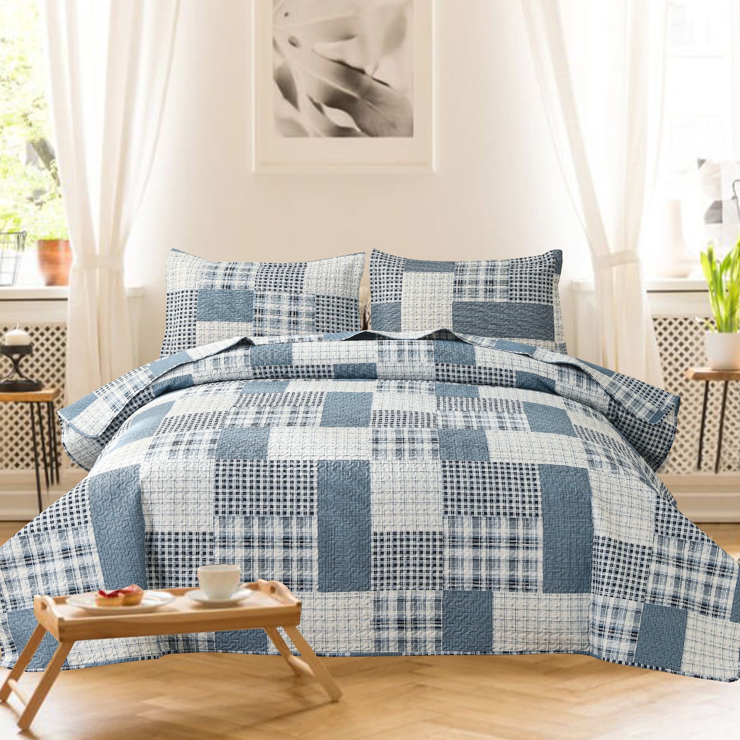 Kebury Plaid Theme Quilts Bedding Set Lightweight Patchwork Plaid Bedding Letter Printed Coverlets Plaid Pattern Bedspreads (1 Quilt, 2 Pillow Shams)