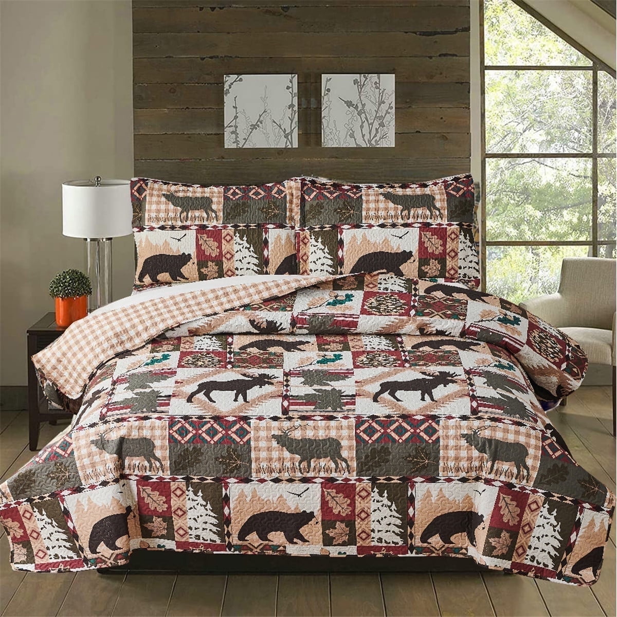 Beartech Quilt Set Queen Size Rustic Bedding Lodge Cabin Bear Quilt Buffalo Plaid Stripe Bedding Reversible Bedspread Coverlet Lightweight Microfiber Quilt Bedspread