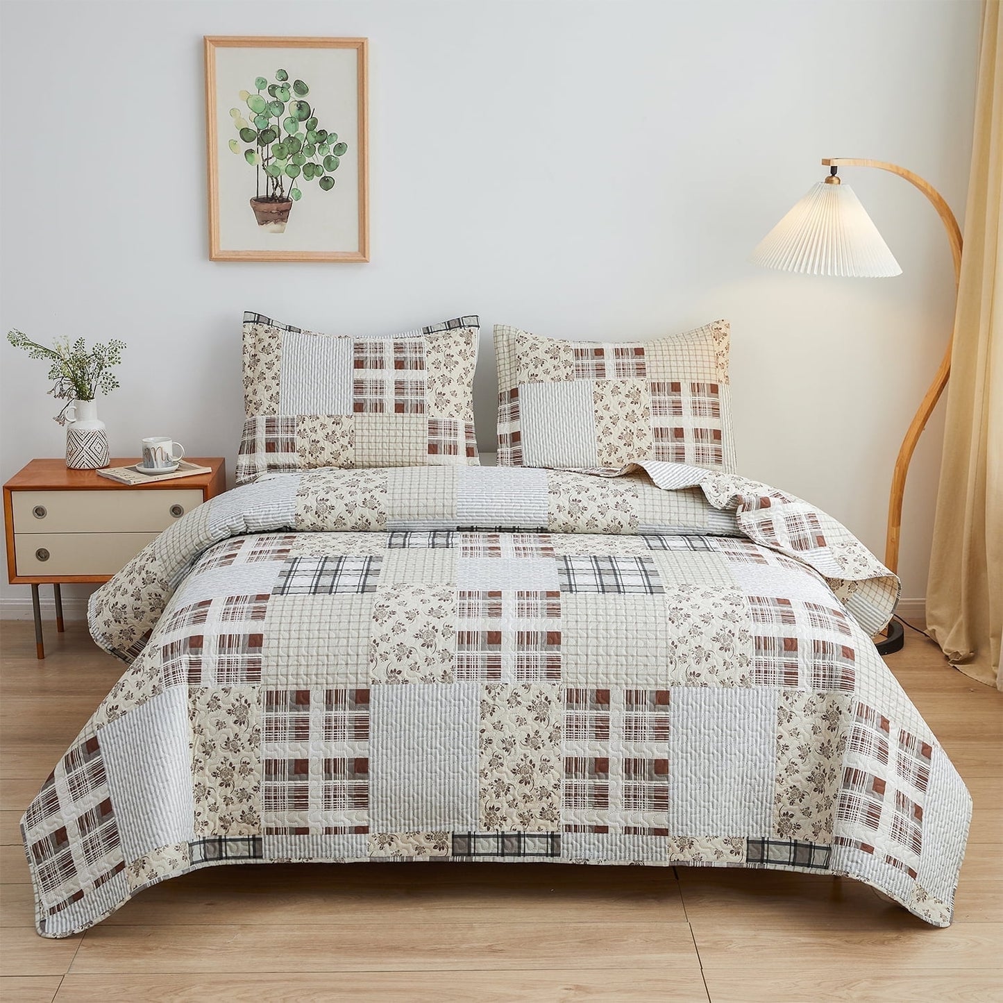 Beartech Bedspread Set Twin Size Quilt Set Plaid Bedding Checkered Patchwork Quilts Lightweight Reversible Coverlet Microfiber Quilt