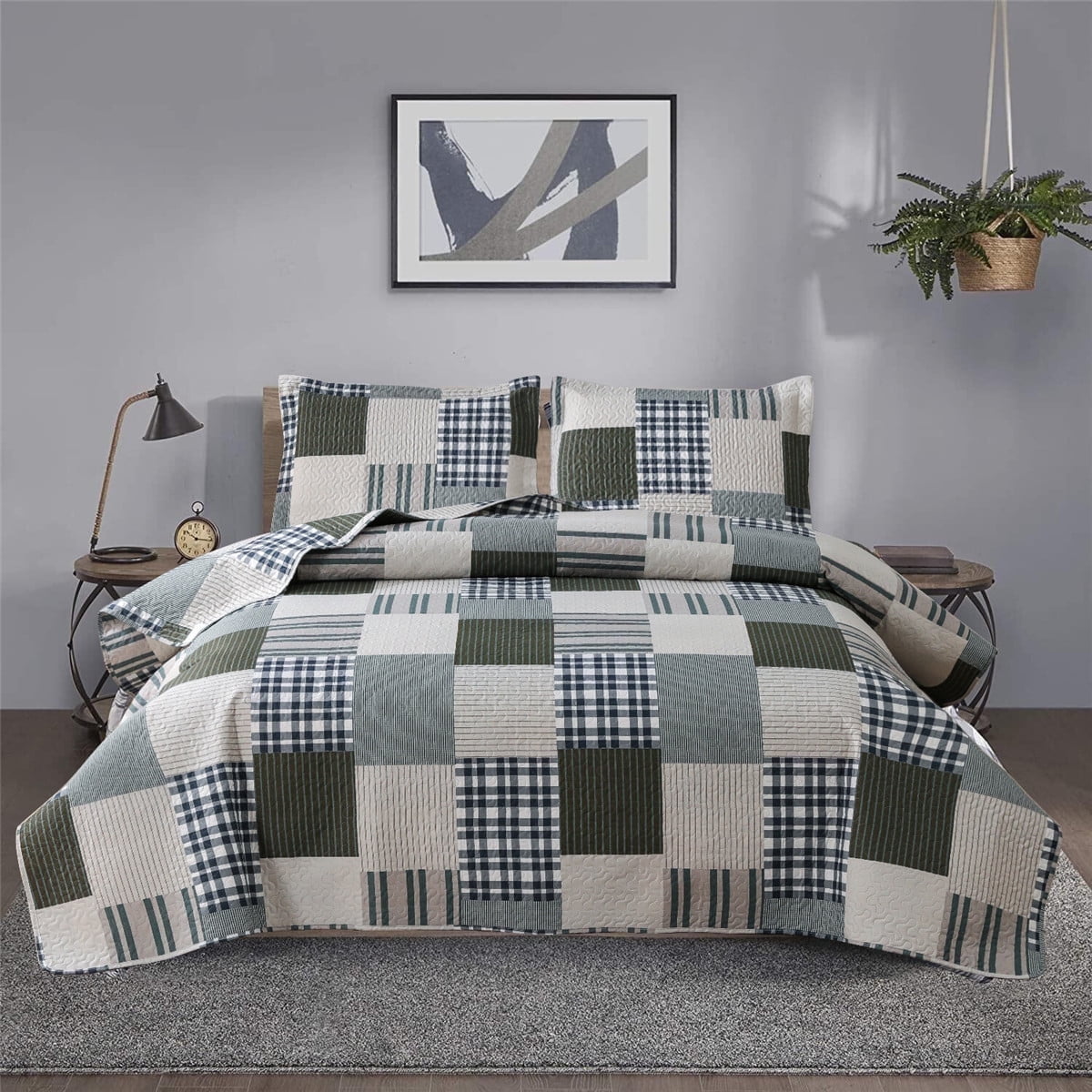 Beartech Bedspread Set Twin Size Quilt Set Plaid Bedding Checkered Patchwork Quilts Lightweight Reversible Coverlet Microfiber Quilt