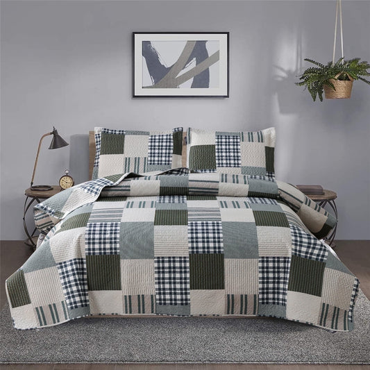 Beartech Bedspread Set Twin Size Quilt Set Plaid Bedding Checkered Patchwork Quilts Lightweight Reversible Coverlet Microfiber Quilt