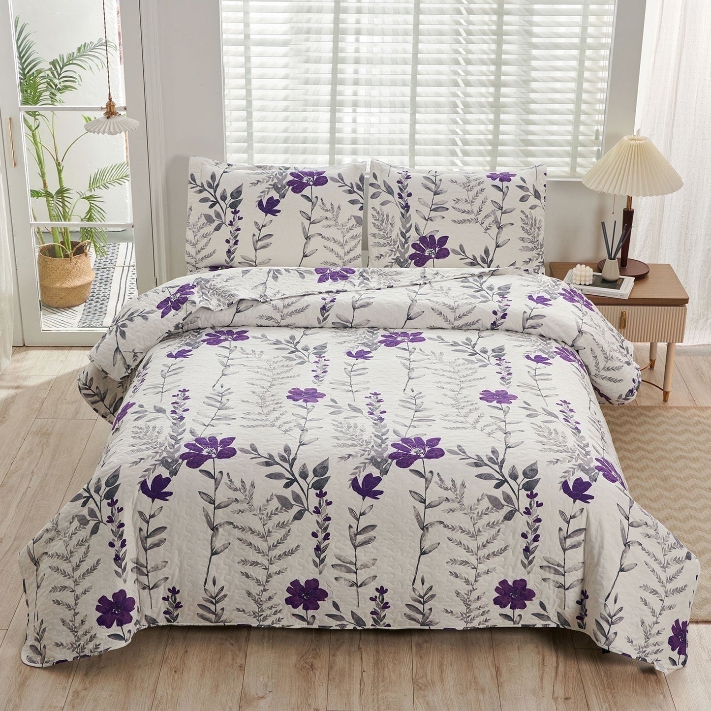 Beartech Quilt Set Twin Size Floral Purple Quilt Lightweight Reversible Microfiber Bedspread Coverlet Bedding Set
