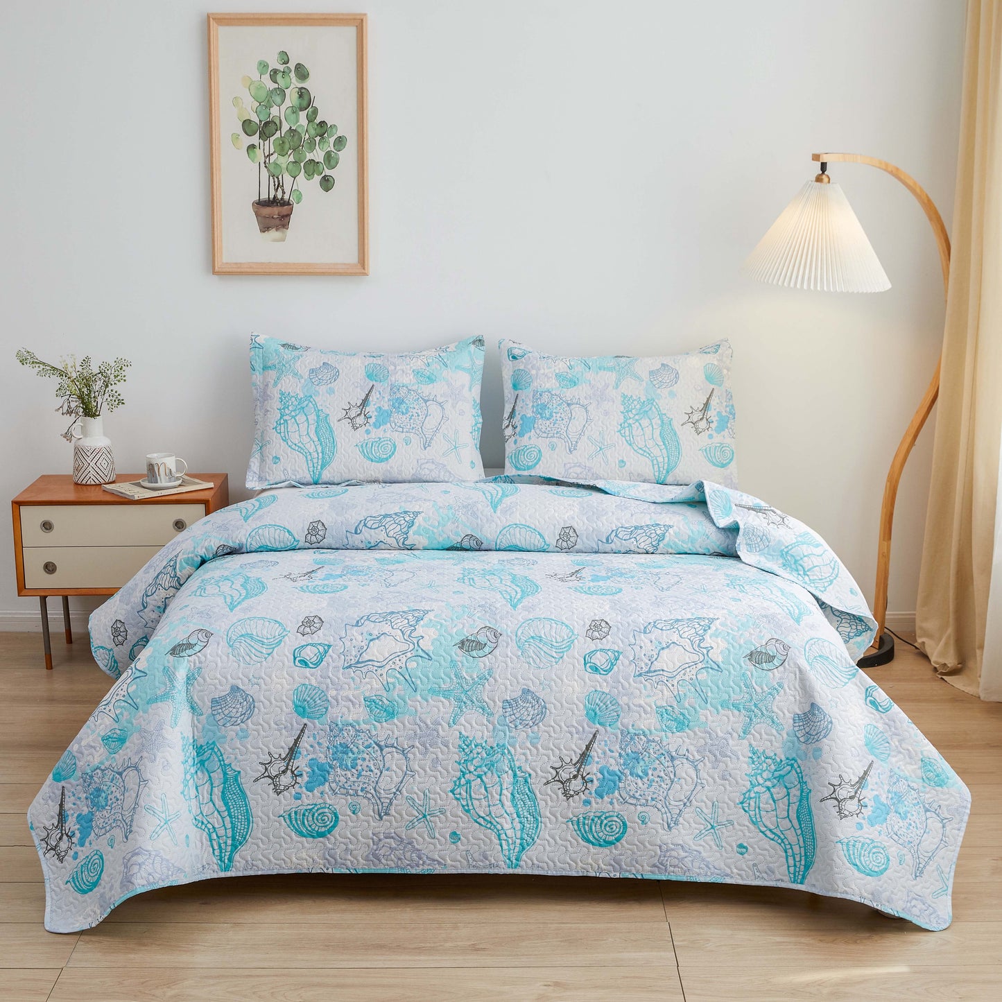 Beartech Ocean Quilt Set Twin Size White Dark Purple Conch Quilt Lightweight Reversible Microfiber Bedspread Coverlet Cabin Bedding Set