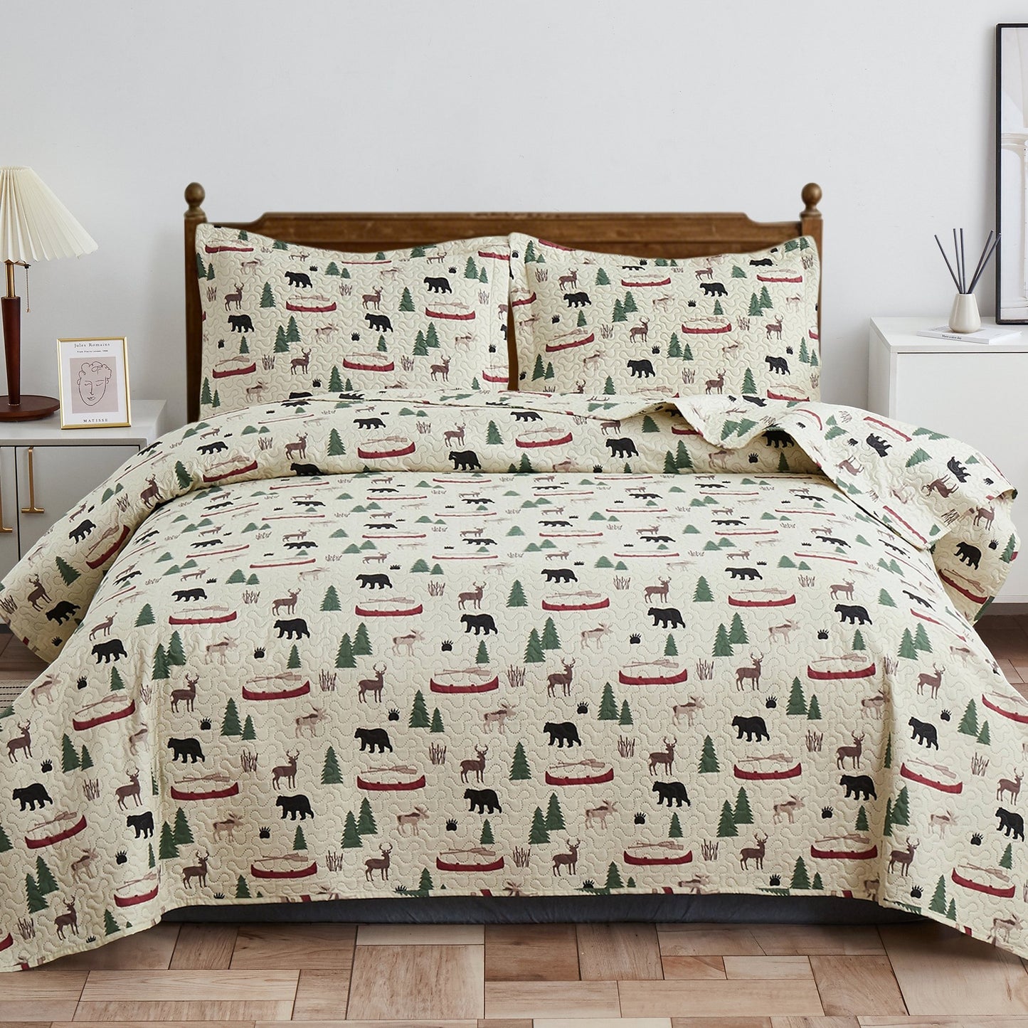 Beartech Quilt Set Queen Size Rustic Bedding Lodge Cabin Bear Quilt Buffalo Plaid Stripe Bedding Reversible Bedspread Coverlet Lightweight Microfiber Quilt Bedspread